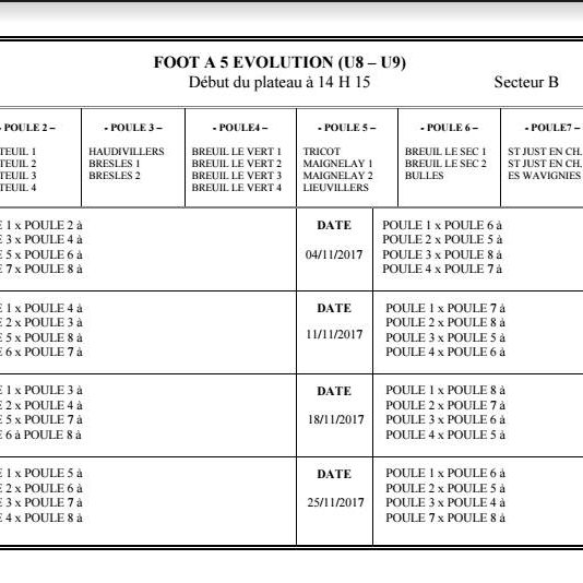 Calendrier plateaux U8-U9