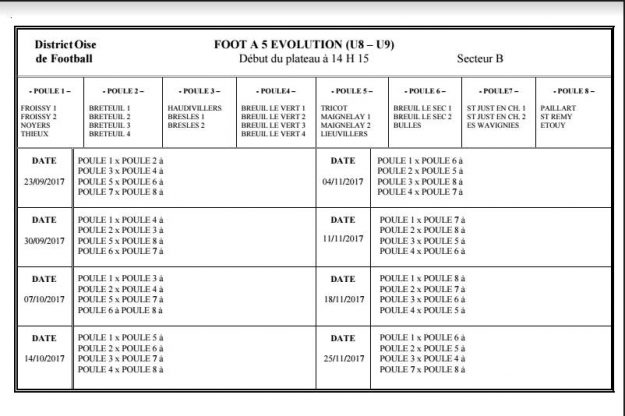 Calendrier plateaux U8-U9